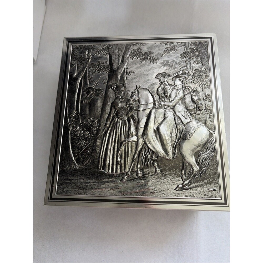 Vintage Biscuit Tin Box Embossed Colonial Equestrian Forest Theme